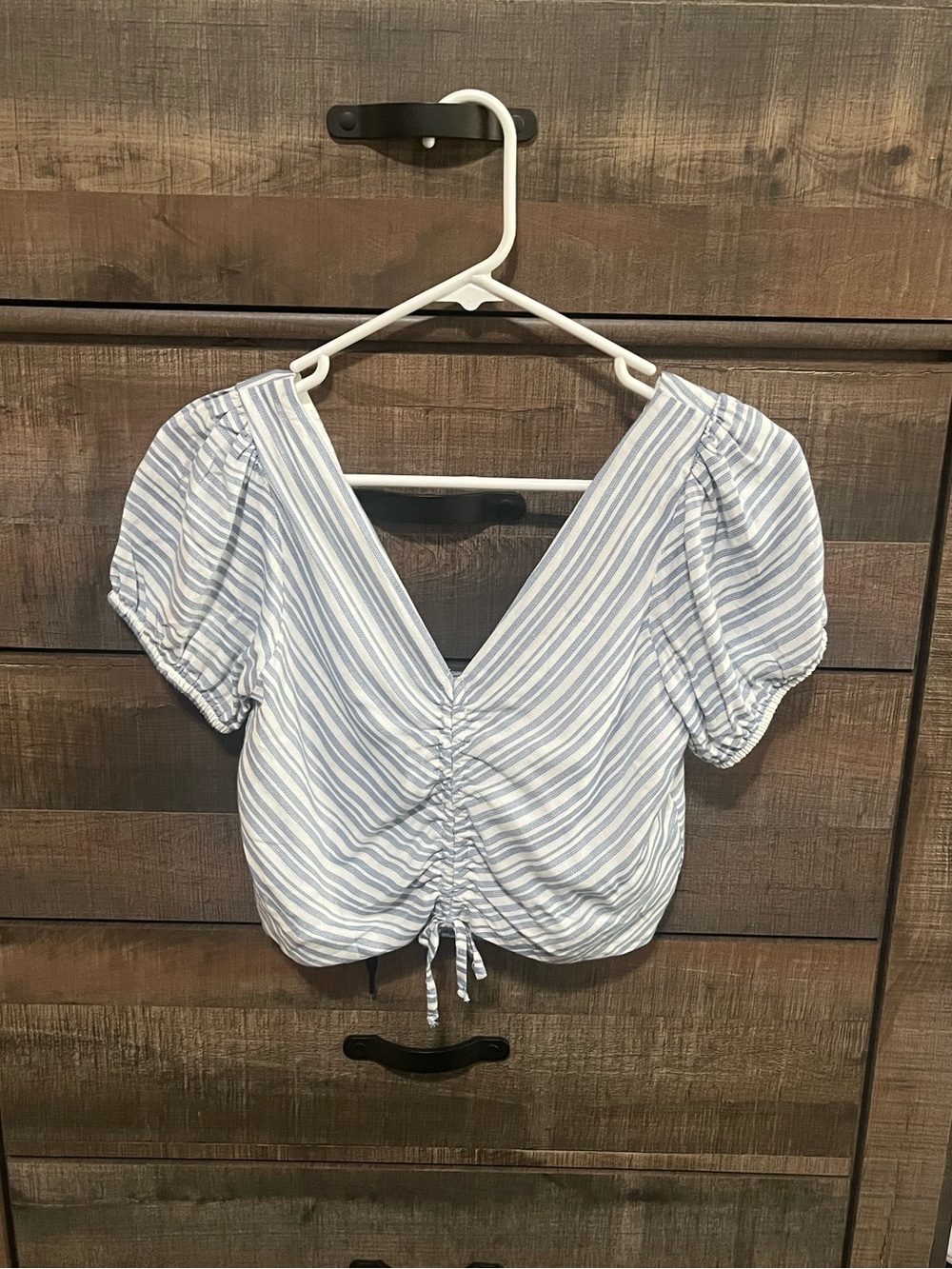 Daytrip Blue & White Striped V-Neck Ruched Crop Top